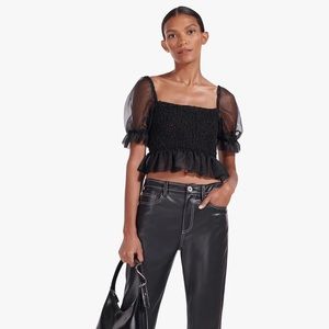 STAUD Black Smocked Puff-Sleeve Crop Top